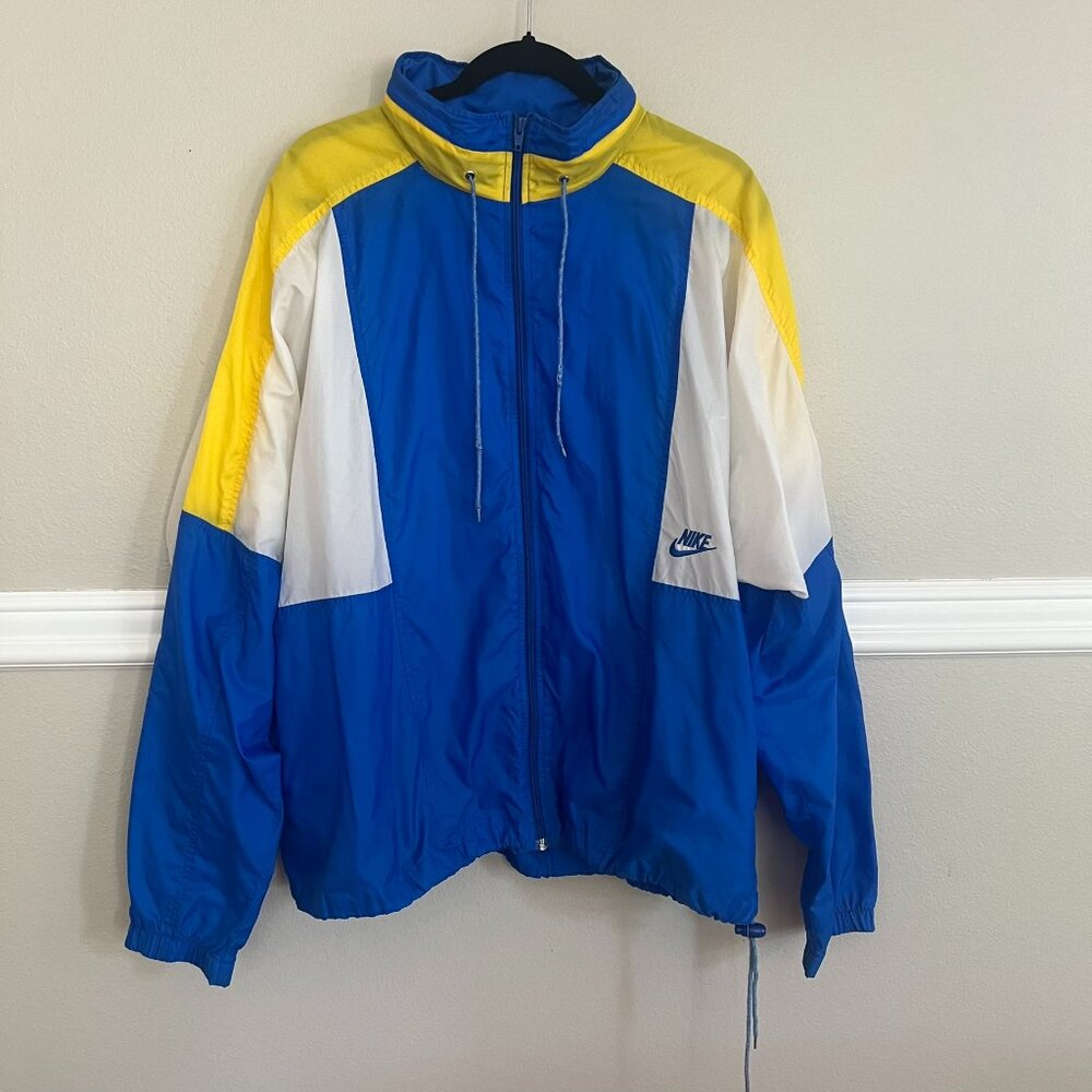 Vintage Nike Jacket Men XL Yellow Blue Hood Windbreaker Track Lined 90s Gray Tag
